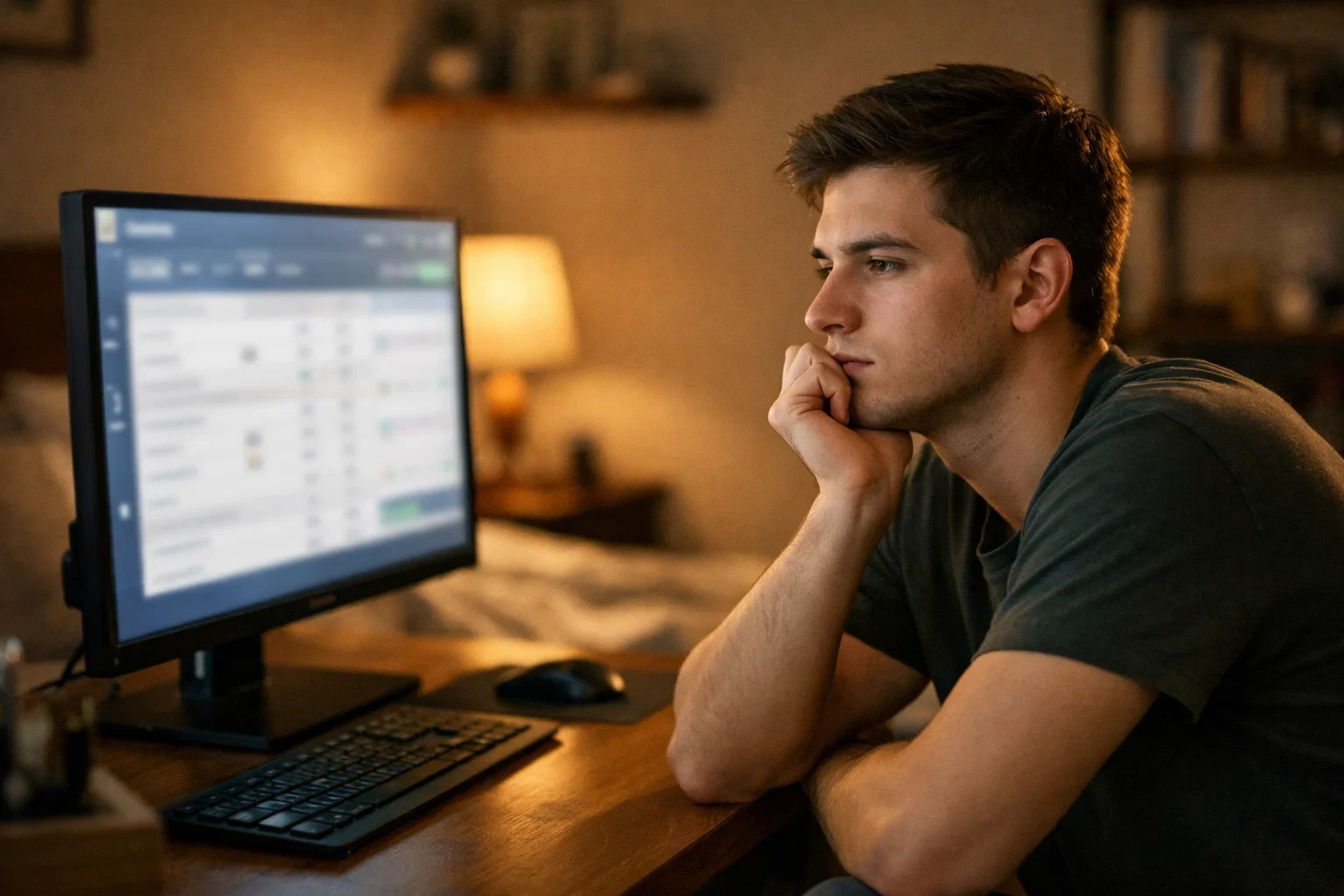 Nachdenklicher junger Mann sitzt vor dem Computer mit Sportwetten-Seite