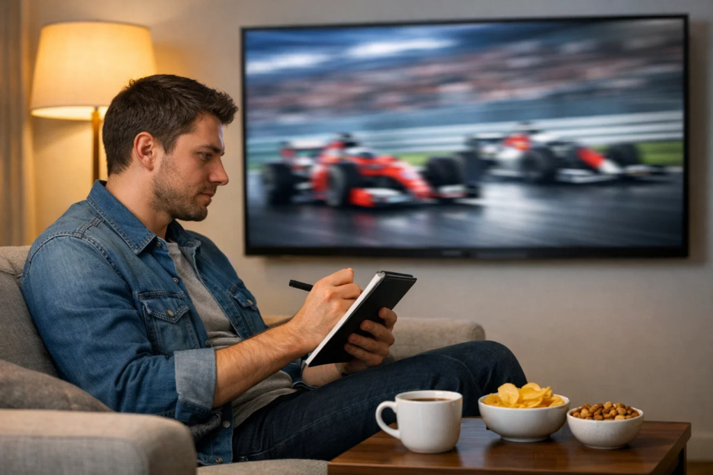 Fan verfolgt Formel-1-Rennen auf großem Bildschirm mit Notizen