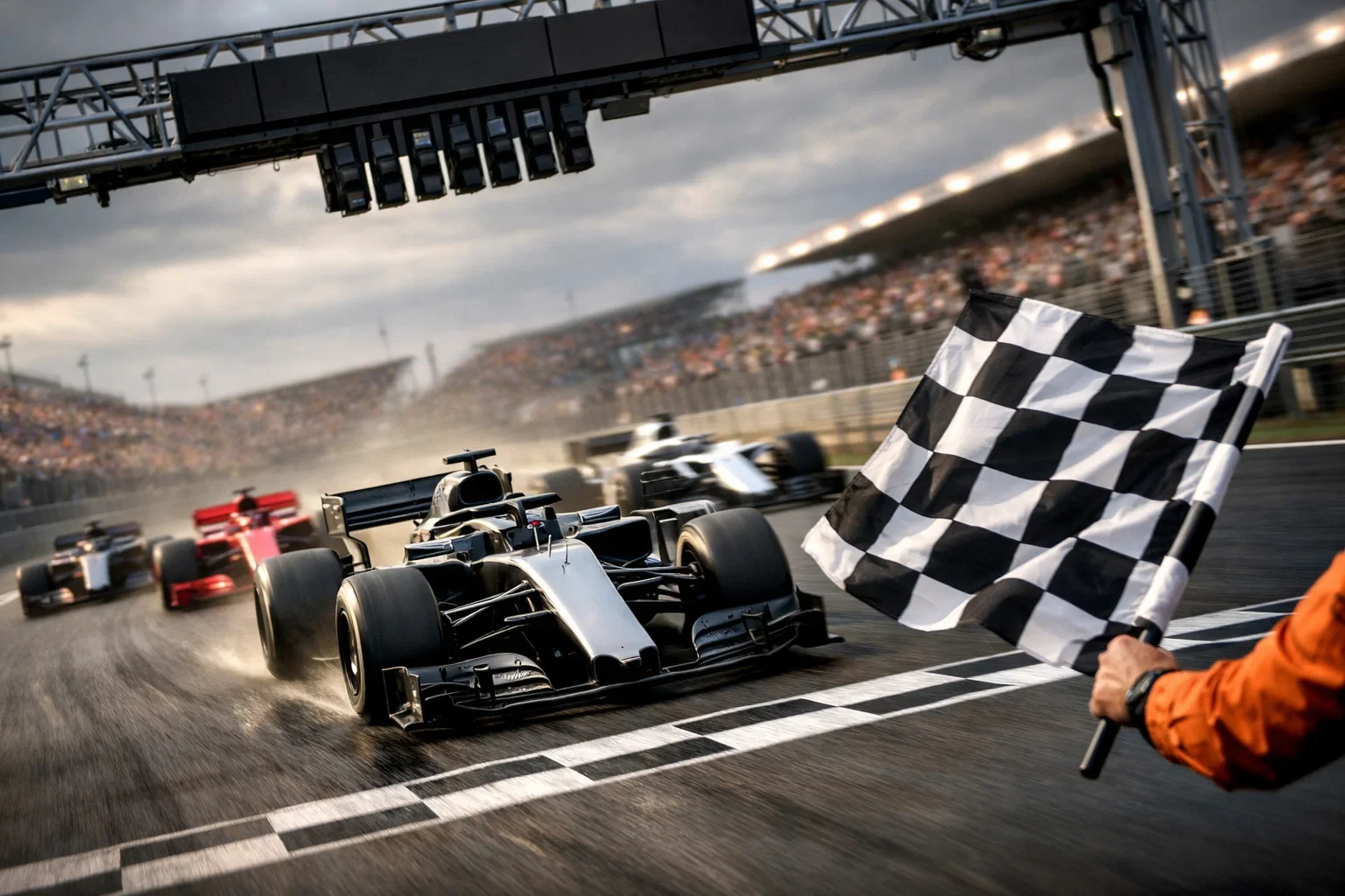 Formel-1-Ziellinie mit Rennwagen kurz vor dem Überfahren