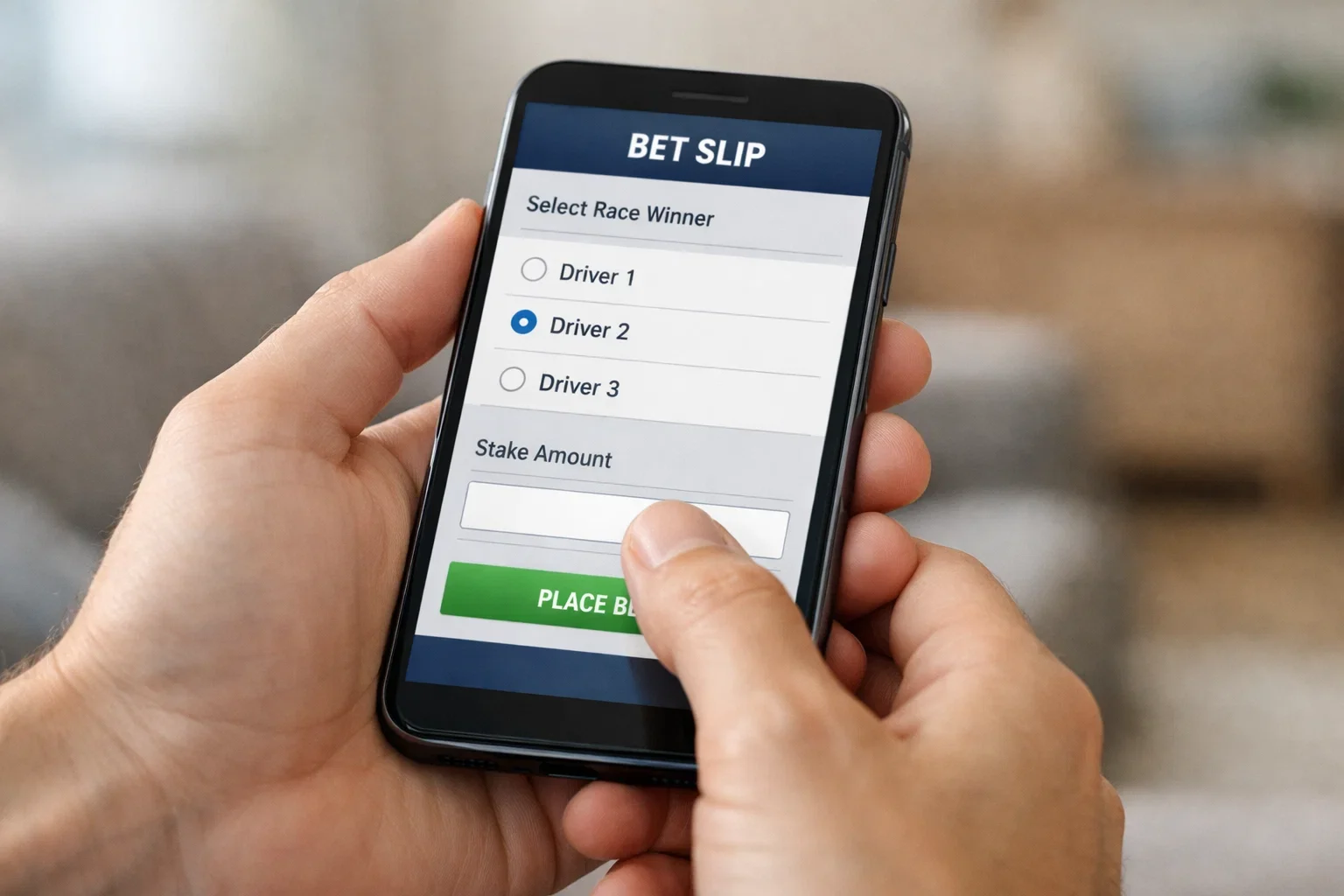 Hände halten ein Smartphone und geben eine Sportwette ein