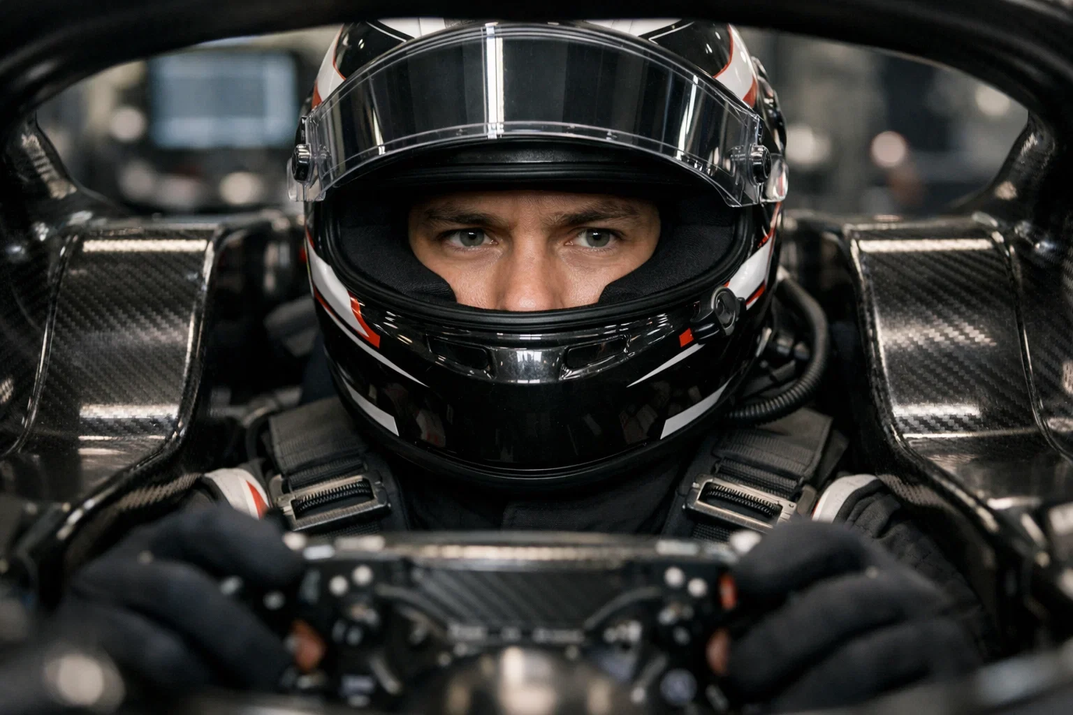 Formel-1-Fahrer konzentriert im Cockpit mit Helm vor dem Qualifying