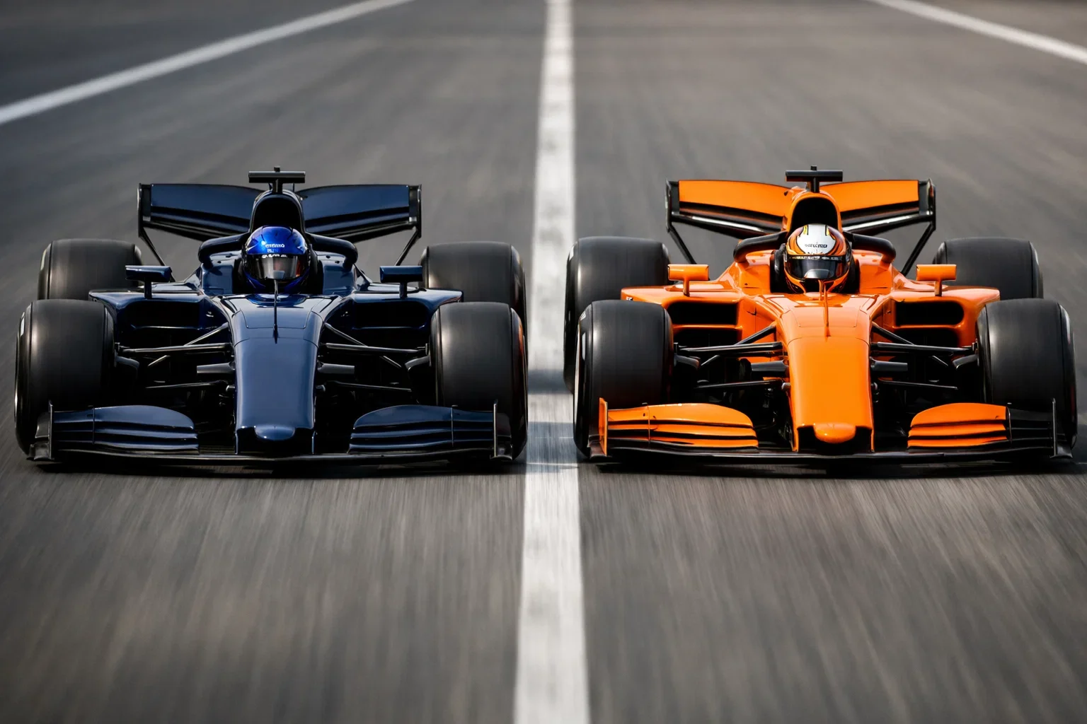 Zwei Formel-1-Rennwagen fahren Seite an Seite auf der Rennstrecke