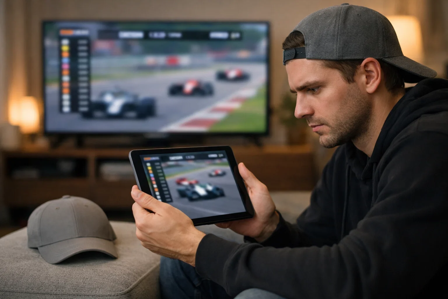 Fan verfolgt ein Formel-1-Rennen live auf dem Tablet mit Statistiken