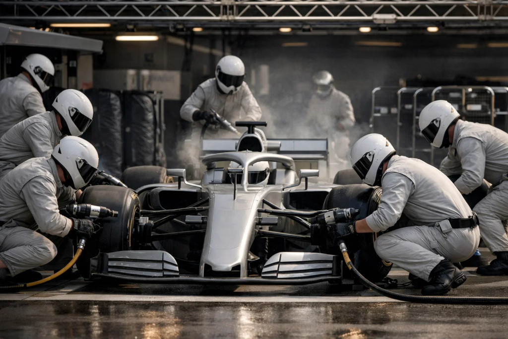 F1-Boxenstopp mit Reifenwechsel und Mechaniker-Team in Aktion