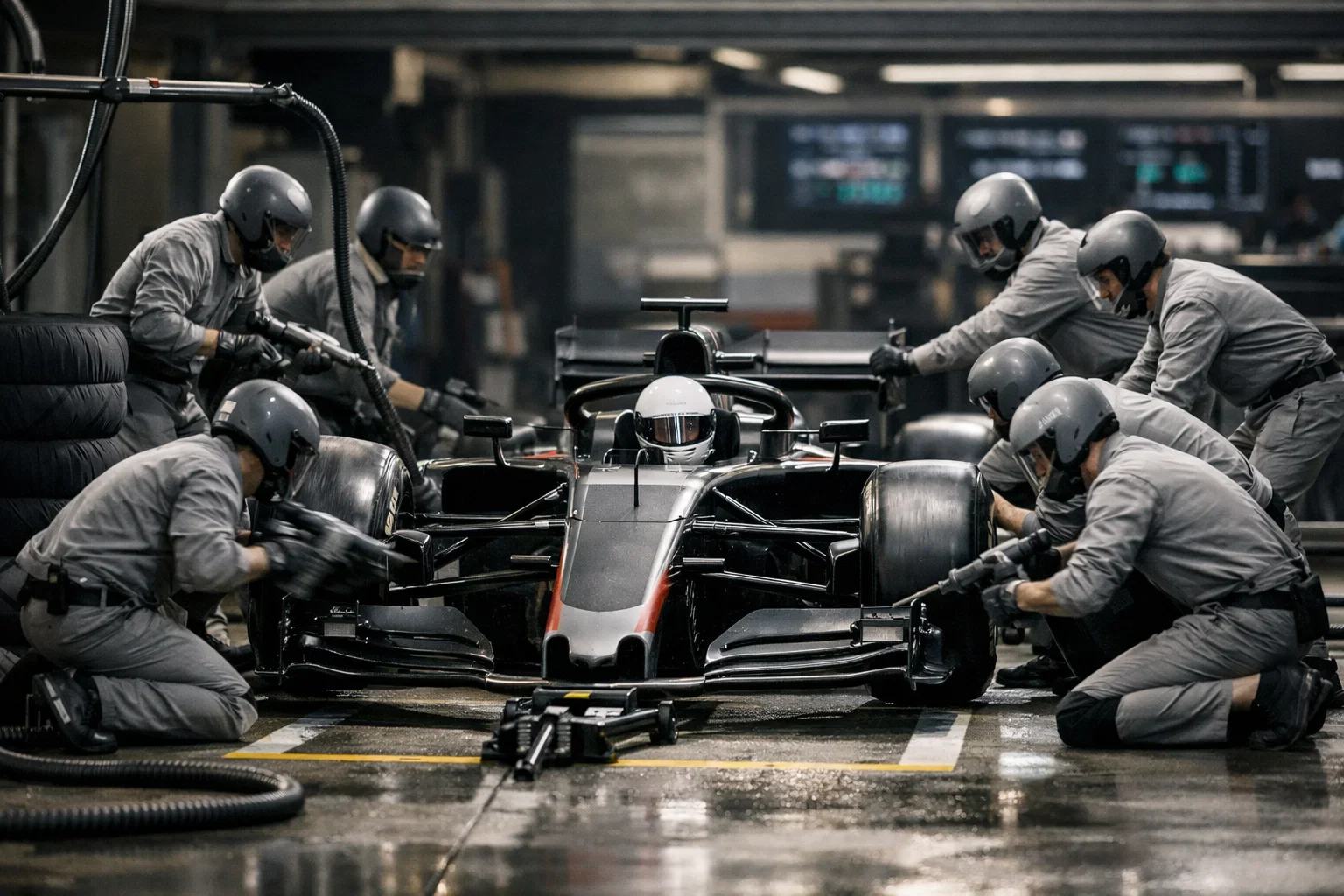 Boxenstopp eines Formel-1-Teams mit Mechanikern beim Reifenwechsel