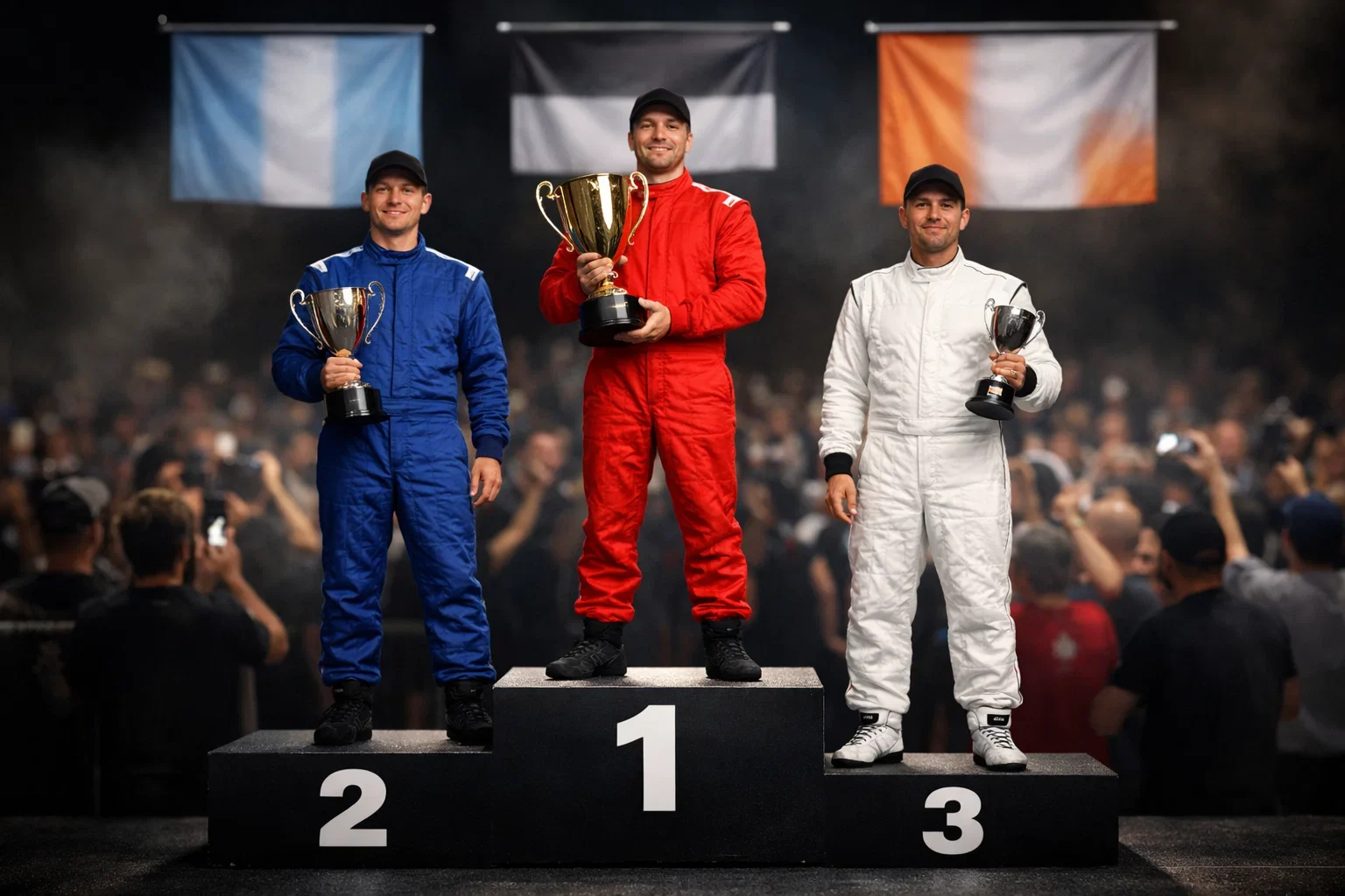 Drei Formel-1-Fahrer stehen nebeneinander auf dem Siegerpodest