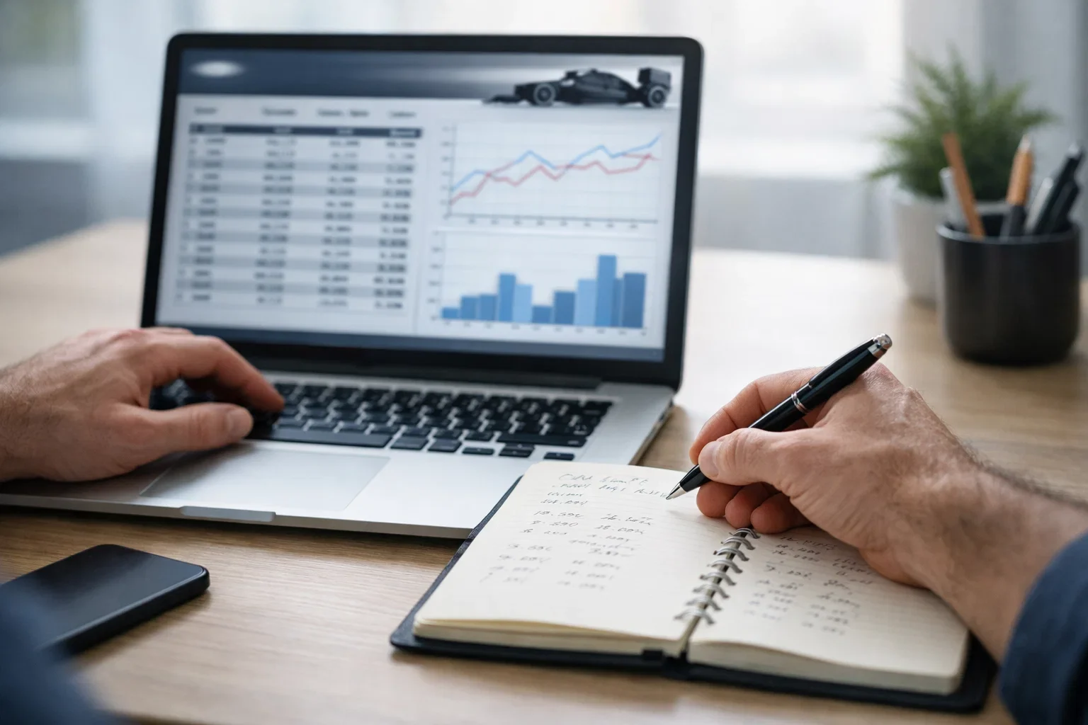 Person analysiert Formel-1-Statistiken auf einem Laptop mit Notizen