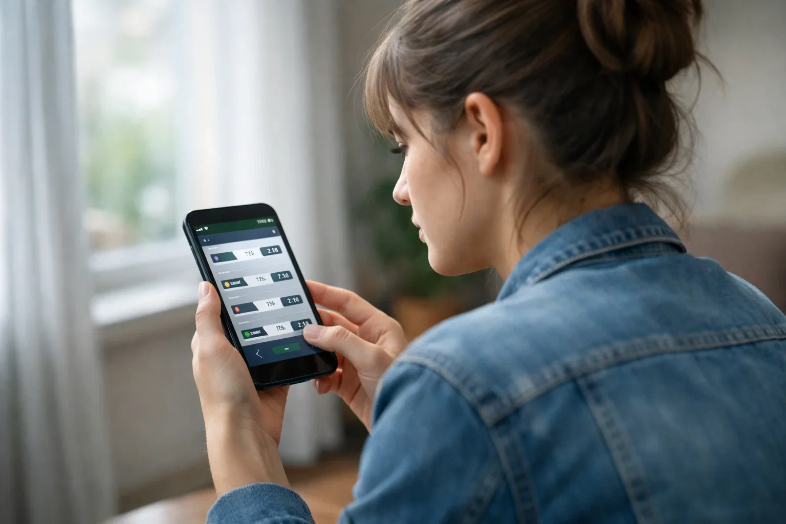 Person hält Smartphone mit einer Sportwetten-App und schaut nachdenklich