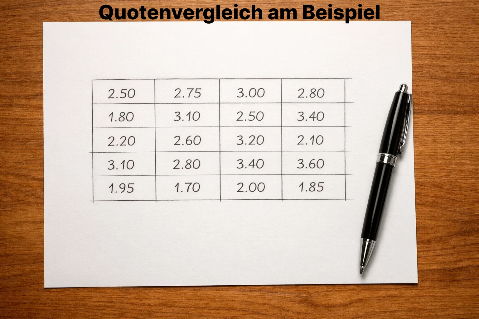 Vergleichstabelle mit unterschiedlichen Wettquoten auf Papier neben einem Stift