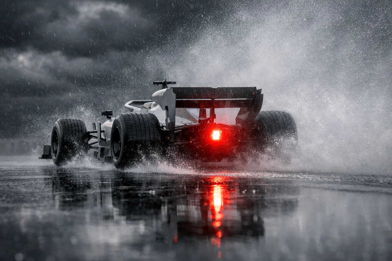 Formel-1-Rennwagen fährt durch Gischt auf nasser Rennstrecke bei Regen