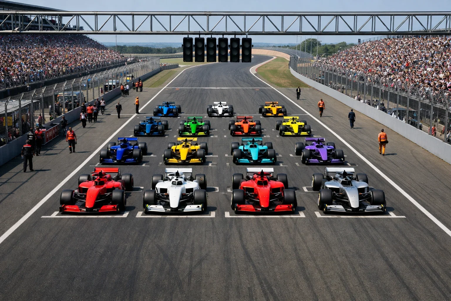 Formel-1-Startaufstellung mit allen Rennwagen vor dem Rennstart