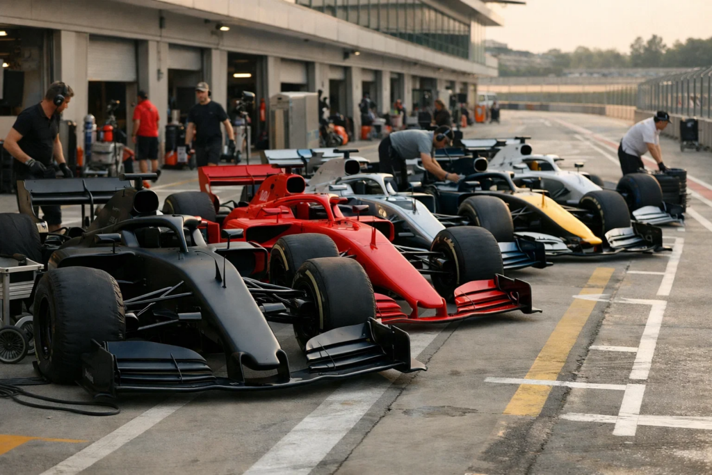 Formel-1-Startaufstellung mit Autos in der Boxengasse vor dem Rennen