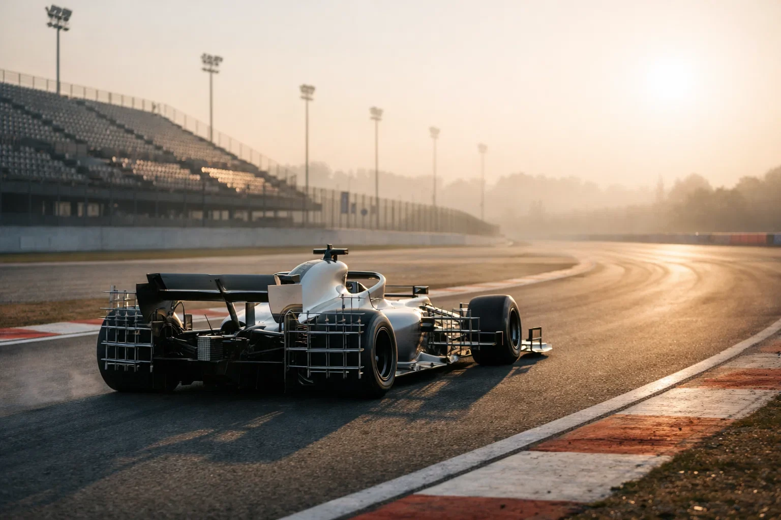 Formel-1-Fahrzeug bei Testfahrten auf der Rennstrecke am Morgen