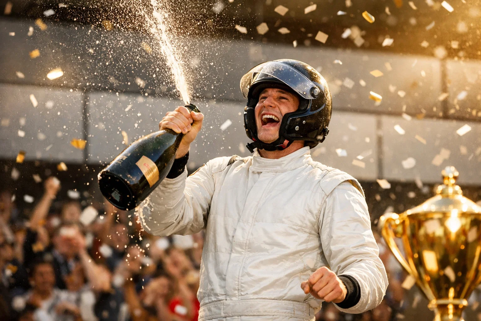 Formel-1-Fahrer auf dem Podium mit Champagner nach dem Rennsieg