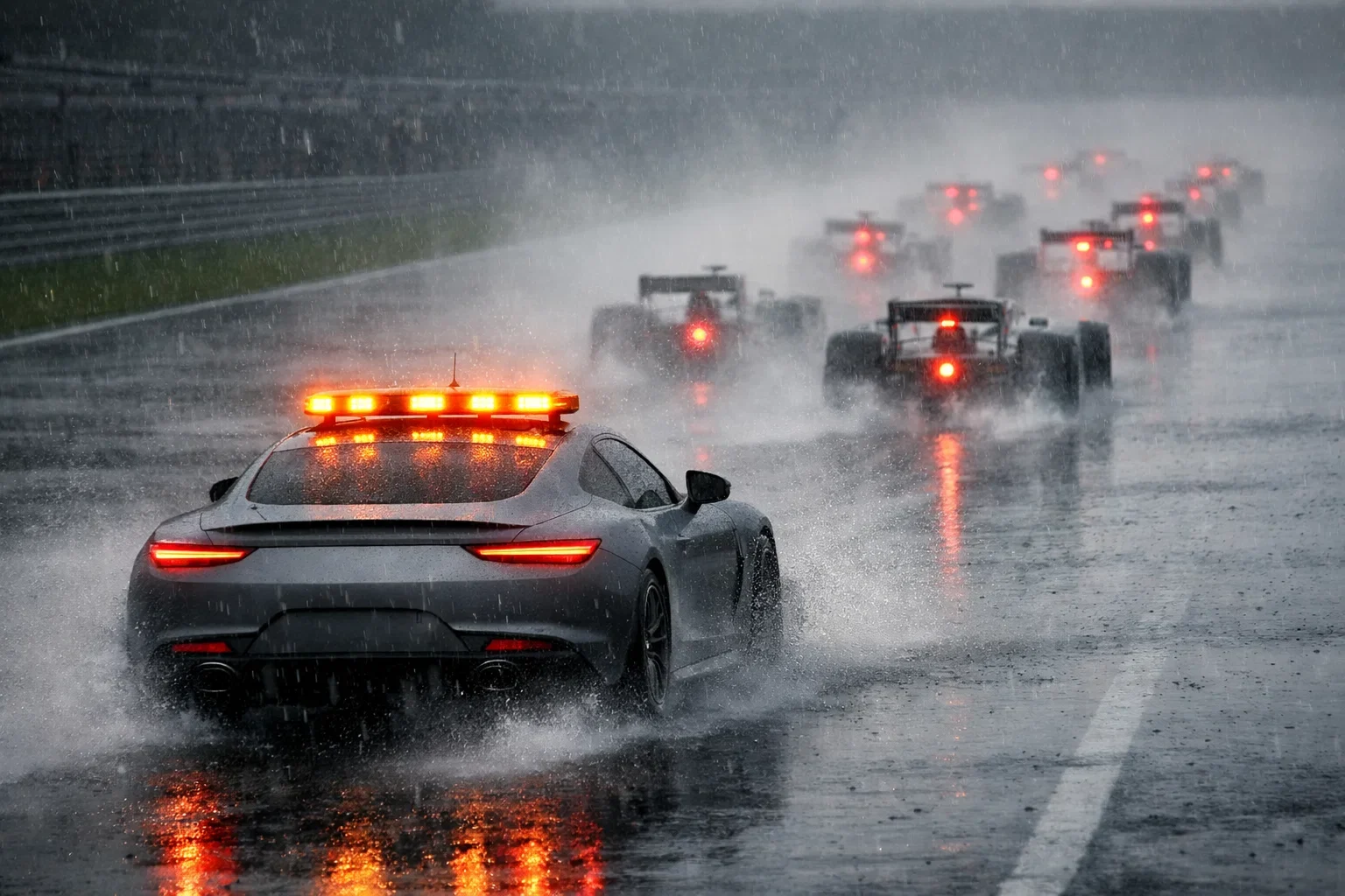 Safety Car führt das Formel-1-Feld bei Regen auf der Strecke an