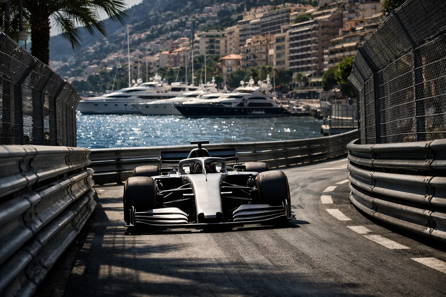 Formel-1-Rennwagen fährt durch die enge Hafenpassage in Monaco