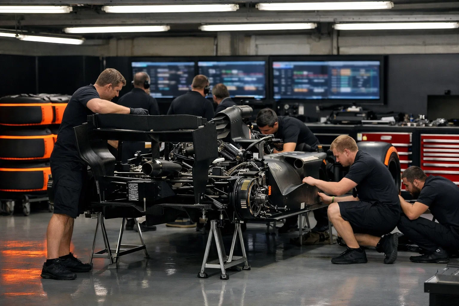 Formel-1-Mechaniker arbeiten am Rennwagen in der Boxengasse