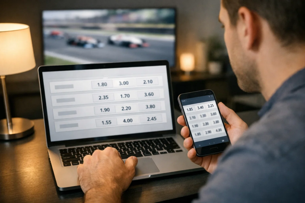 Person analysiert F1-Wettquoten auf Smartphone und Laptop