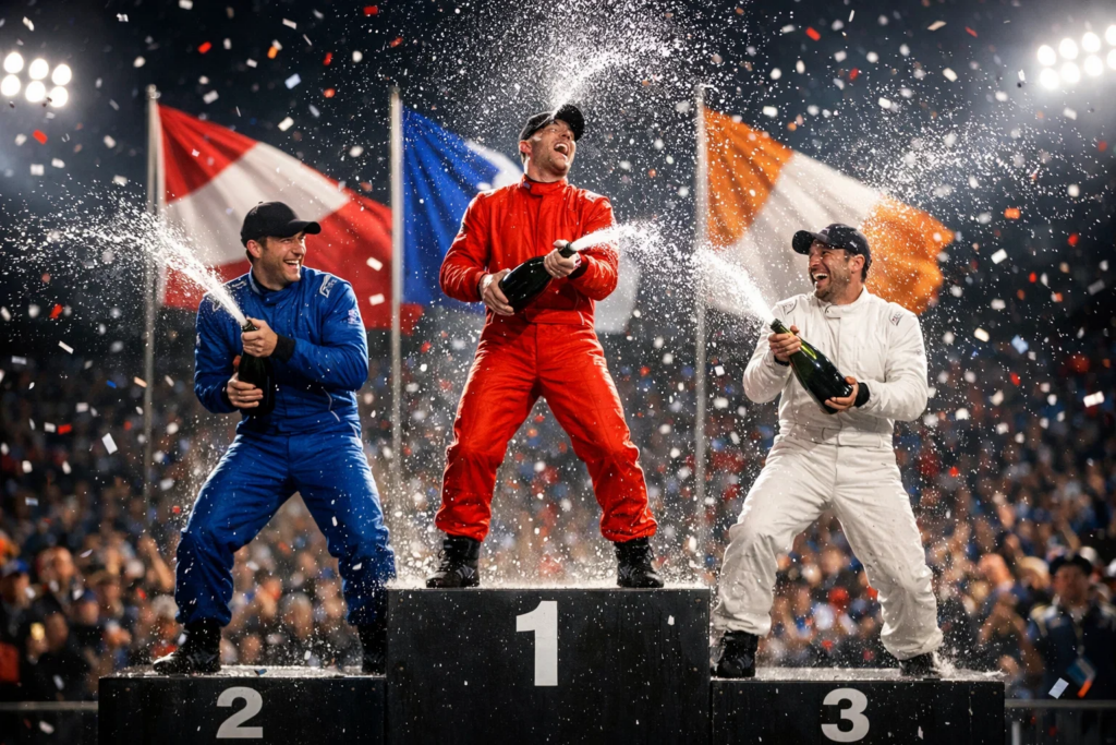 Formel-1-Podiumsfeier mit Champagnerdusche nach dem Rennen