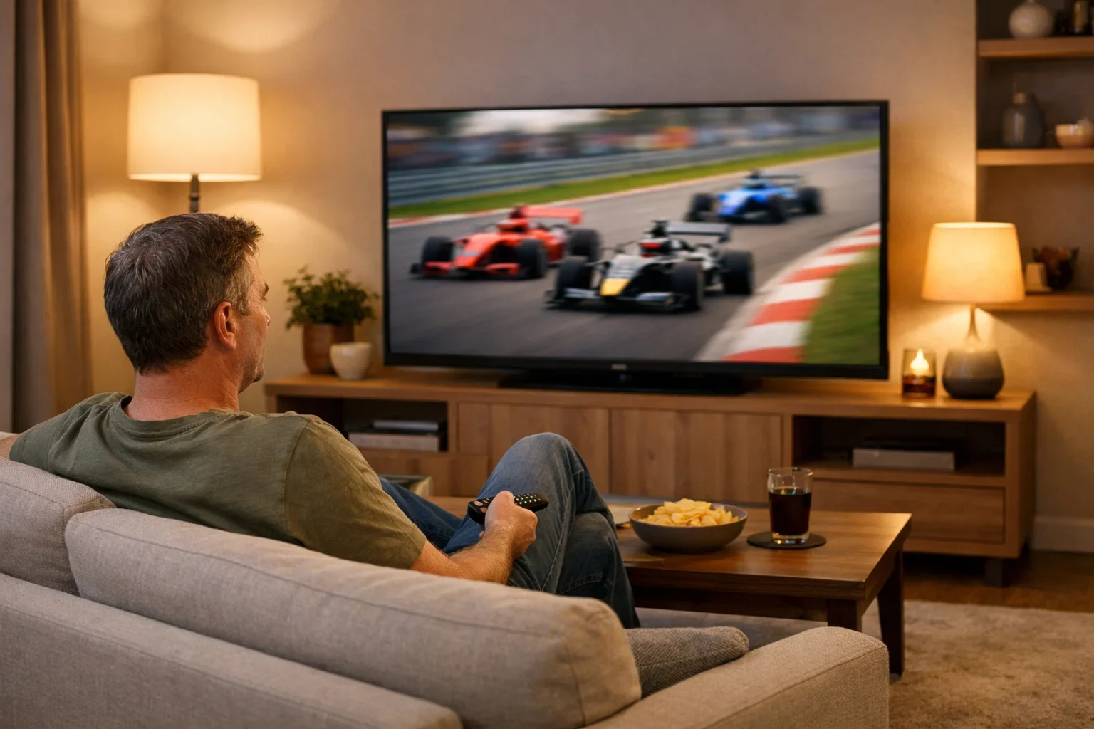 Zufriedener Mann schaut ein Formel-1-Rennen auf dem Fernseher im Wohnzimmer