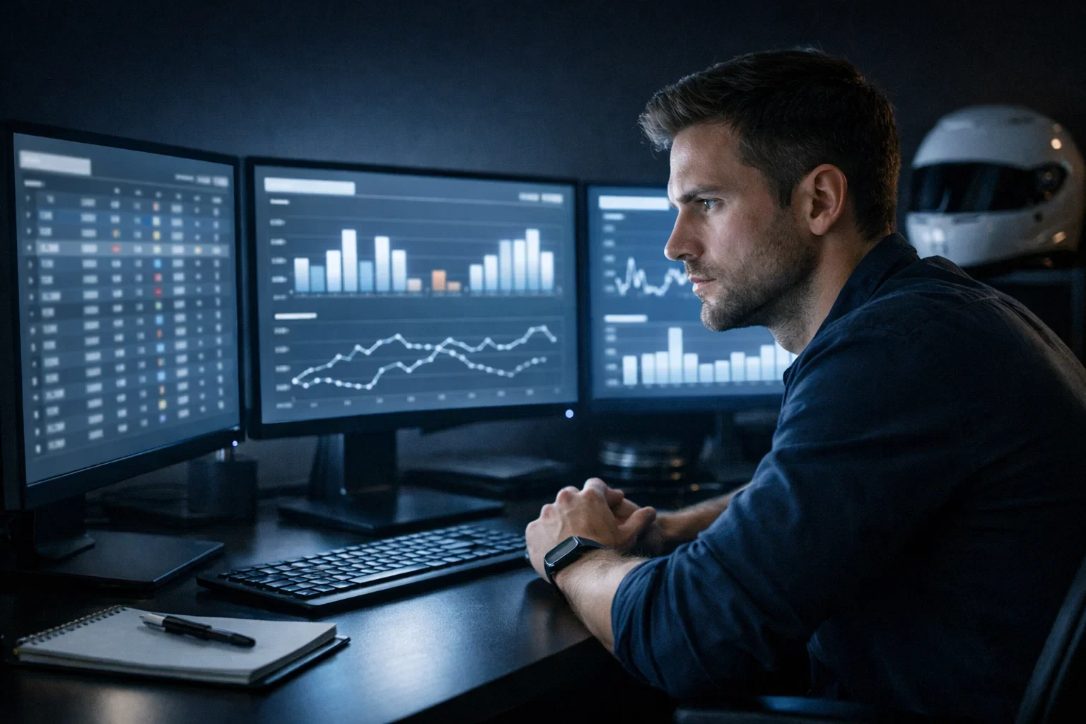 Konzentrierter Mann analysiert Formel-1-Daten auf mehreren Monitoren
