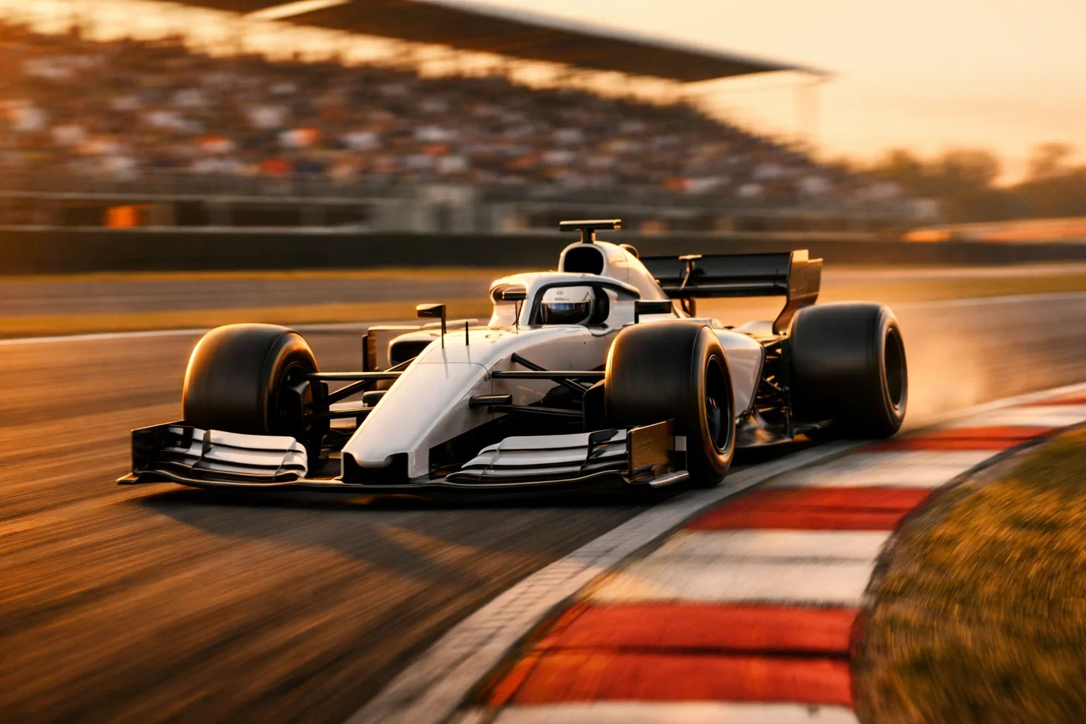 Formel-1-Rennwagen auf der Strecke bei einem Grand Prix mit Zuschauern auf der Tribüne